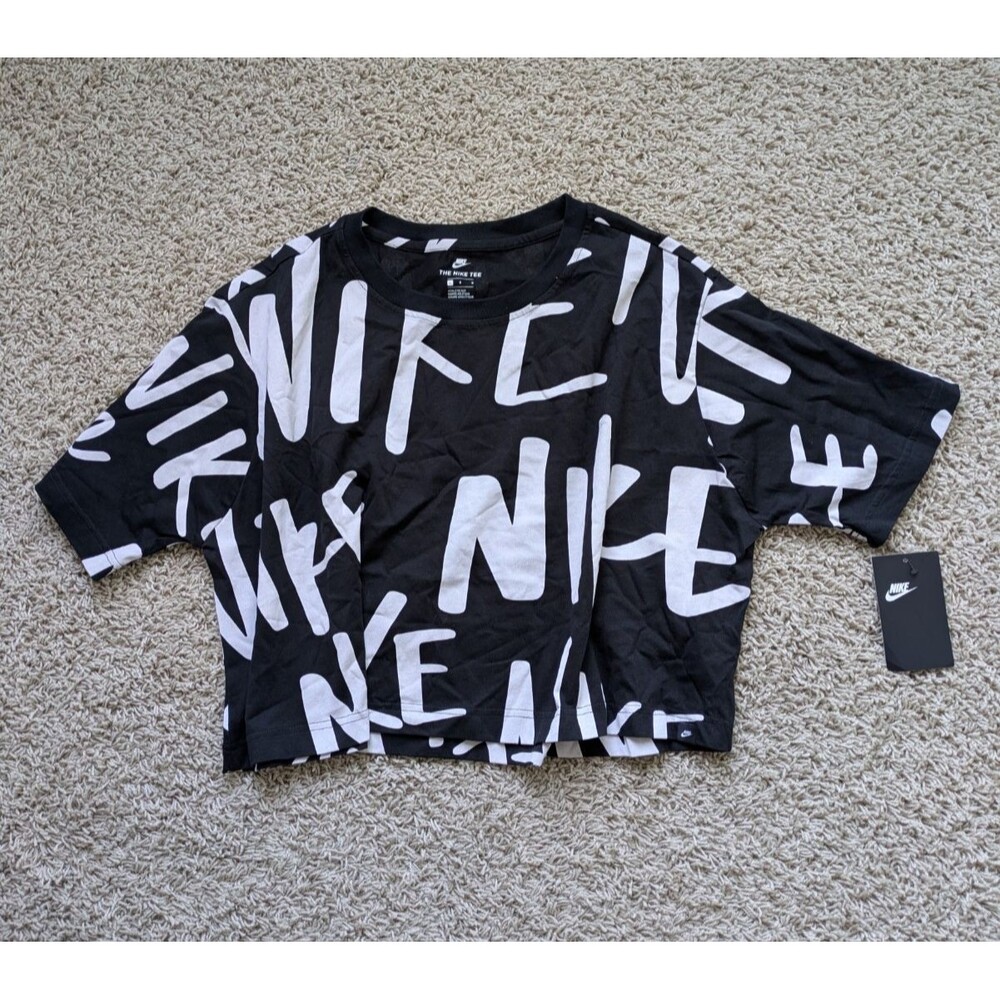 NWT Nike Sportswear All Over Logo Graphic Crop Tee Black White Women's Large